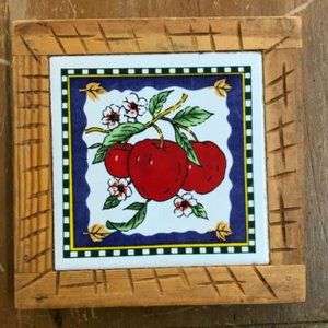 Rustic Apple Blossom Ceramic Tile Trivet Pot Holder with Wood Base